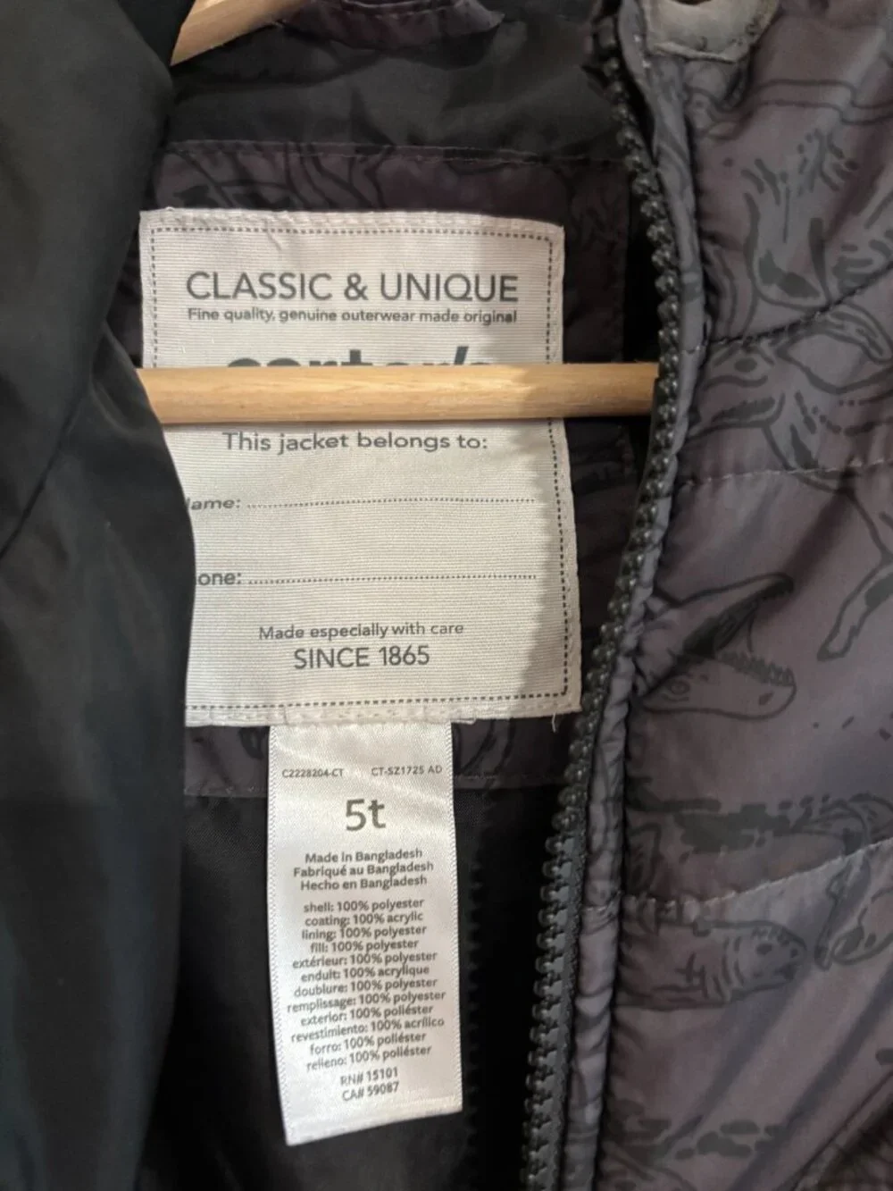 Carter's Puffer Coat Dinosuar Print Gray & Black w/ Hood 5T